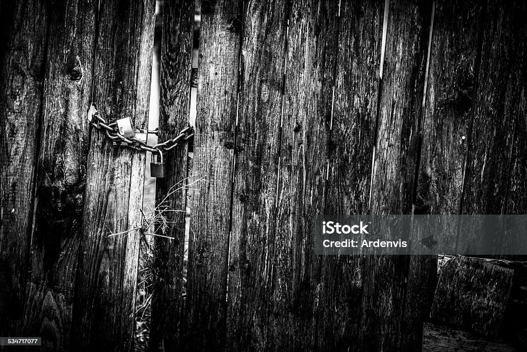 Porta in legno con una catena bloccata e lucchetti - Foto stock royalty-free di 2015