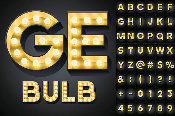 Realistic dark lamp alphabet for light board Scalable vector set of letters, numbers and symbols in bold style for digital artwork and typography fashion bazaar stock illustrations