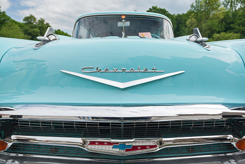 Ebern, Bavaria, Germany-May 22, 2008: Frontal shot of a famous Chevrolet Bel Air 1957 in turquoise during a classic car show.