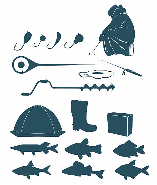 Winter fishing icons Winter fishing icons on the white background. Vector tinca tinca stock illustrations