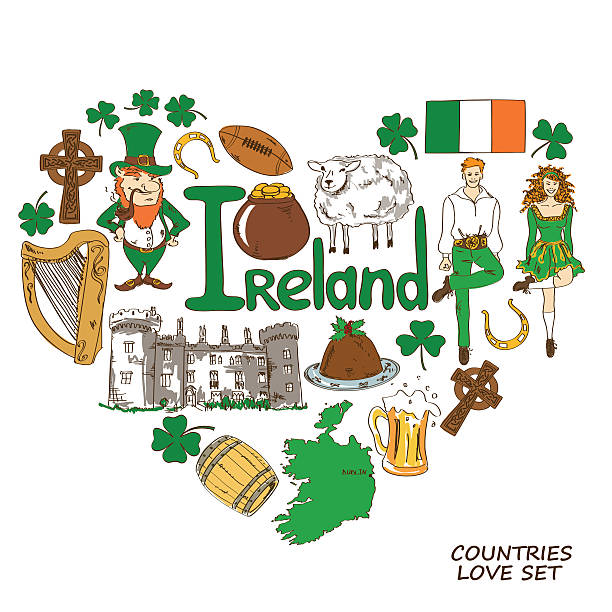 herzform konzept der irischen symbole - irish culture republic of ireland st patricks day dancing stock-grafiken, -clipart, -cartoons und -symbole