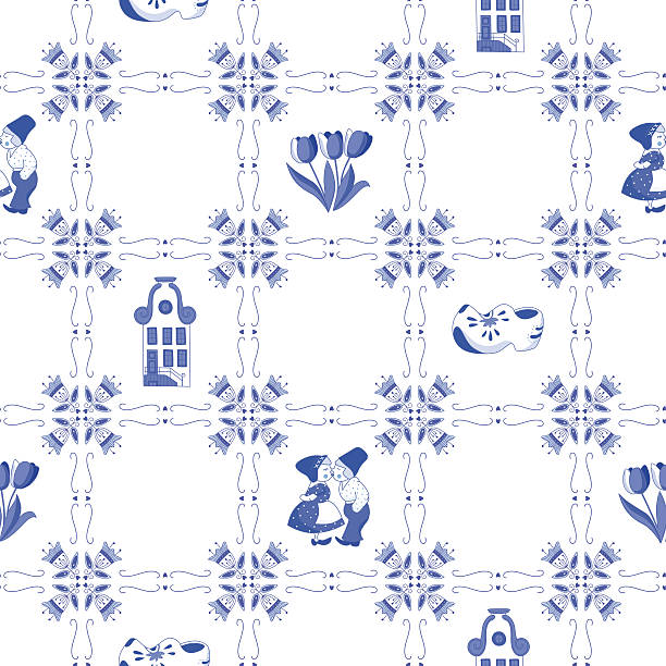 ilustrações, clipart, desenhos animados e ícones de sem costura padrão com ornamentos holandesas (deflt blue estilo) - delftware