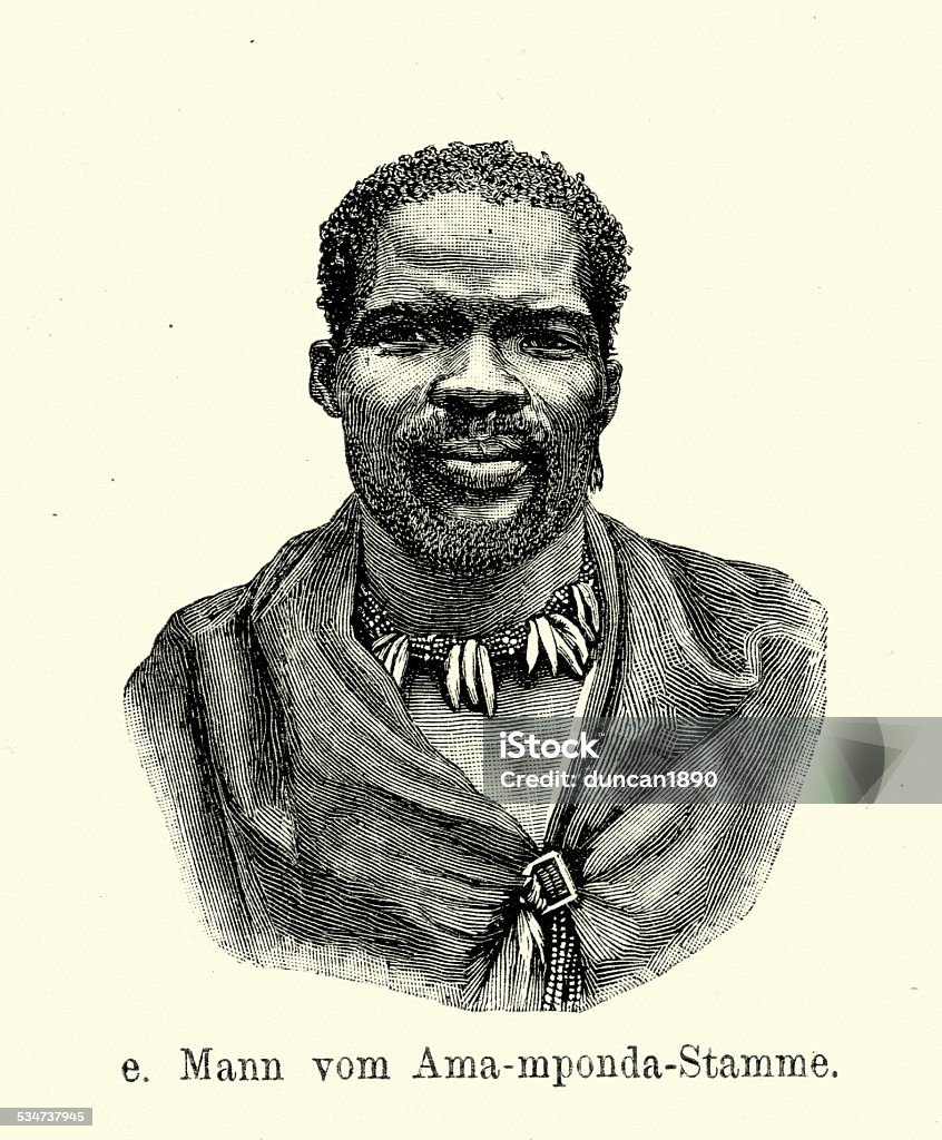 19th Century Africa Vintage engraving of man from Ama Mponda tribes. Ferdinand Hirts Geographische Bildertafeln,1886. African-American Ethnicity stock illustration