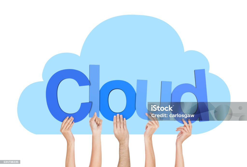 Cloud Group of diverse caucasian hands holding "Cloud" word. Letters are in front of a cloud symbol. Composition is isolated on white. 2015 Stock Photo