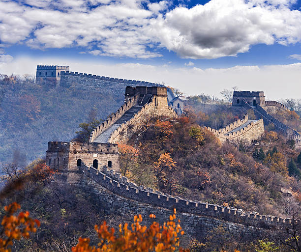 China Great Wall Tele leaves Several towers of Great Wall of Chine near Mutianyu north from Beijing high in mountains at autumn with yellow trees great wall of china photos stock pictures, royalty-free photos & images