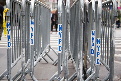 New York City, NY, USA. October, 07, 2014. New York Police Department Fences. Police uses the fences to block or close the area in case of cautions