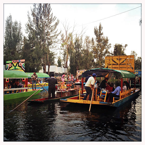 Trajinera boats in Xochimilco, Mexico City Xochimilco, Mexico - December 30, 2014: Traffic on the canals of Xochimilco, the "Mexican Venice". Close to Mexico City, it is a famous place to take a relaxing boat ride in the big Trajinera boats, which hold up to 20 people and have a meal and music on board. Small boats of vendors sell souvenirs, food and drink. trajinera stock pictures, royalty-free photos & images