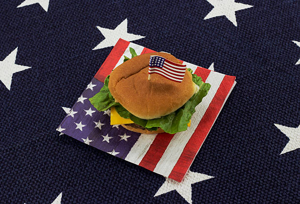 istock Hamburger on an American flag napkin with toothpick 534744738