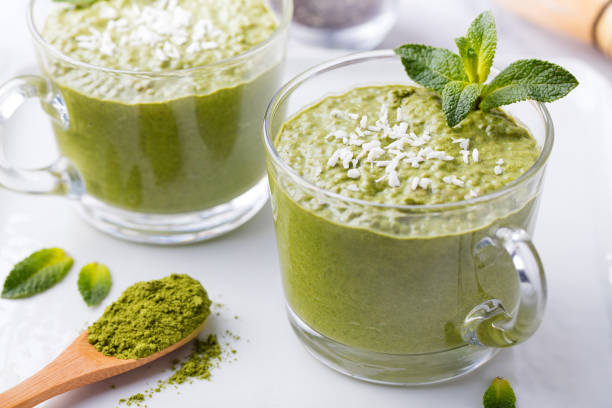 Matcha green tea chia seed pudding, dessert with coconut