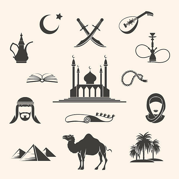 illustrazioni stock, clip art, cartoni animati e icone di tendenza di set di icone dell' - islam women men arabia