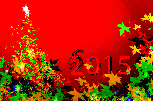 Chinese Year of Goat - Goat head with colorful tree leaves - 2015 written by Goat head