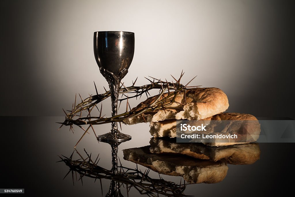 Holy Communion Crown of Thorns, Wine goblet and bread Bread Stock Photo