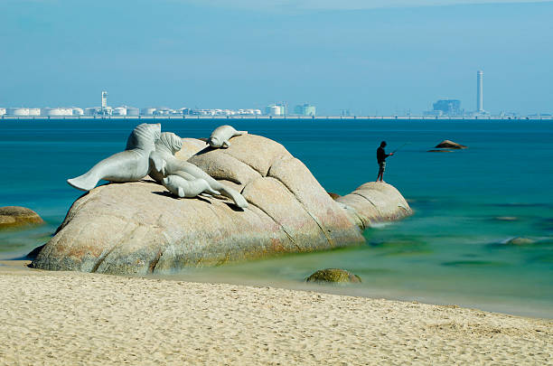 Stones in the water near the sea with fish statue dugongs