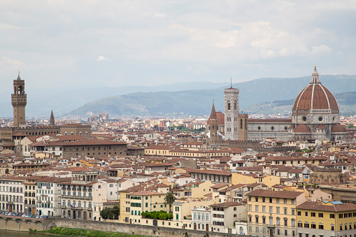 Duomo (Metropolitan Cathedral Basilica of Santa Maria del Fiore) at Tuscany in Florence, Italy. It was begun in 1296 and completed in 1436. The design of the dome was engineered by Brunelleschi.