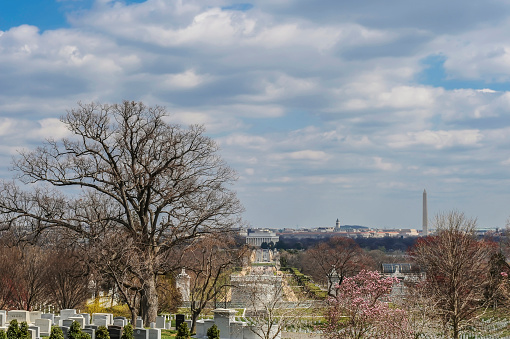 Arlington, Virginia, USA - March 20, 2009:  View of Washington DC from the Arlington National Cemetery is the cemetery for the United States military, established during the civil war on the family grounds of Robert E. Lee, the Confederate General.