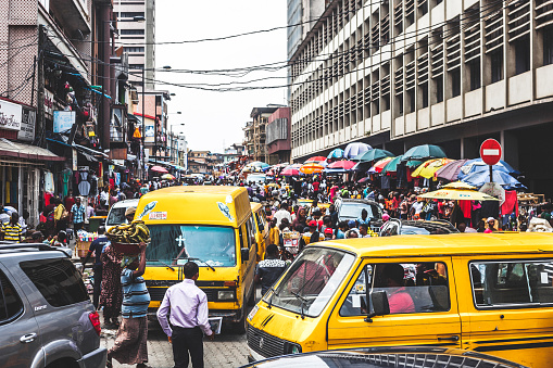Busy streets of Lagos Island's commercial district.