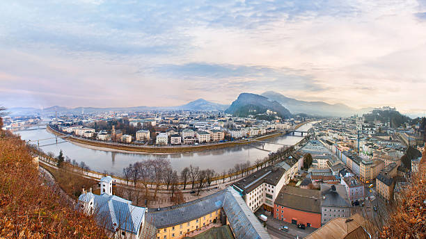 Sunrise view of the historic city Salzburg Panoramic view of Salzburg, Salzburger Land, Austria Kapuzinerberg stock pictures, royalty-free photos & images