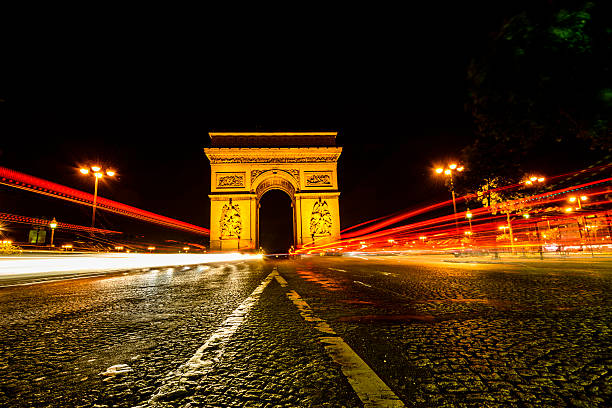 istock XXXL: Arc de Triomphe at night with car light streaks 534801611
