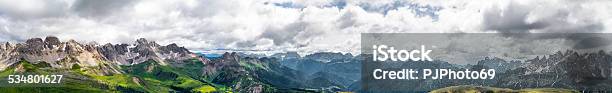 Panoramic View Of San Pellegrino Pass Stock Photo - Download Image Now - 2015, Catinaccio, Cloud - Sky