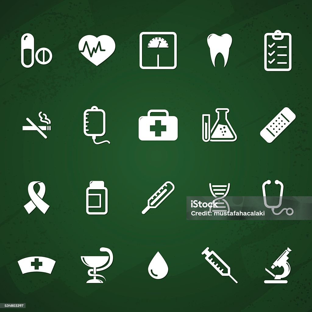 White medical and hospital icons White health, clinic and hospital icons on green board. Eps8. Aics3 and hi-res jpg files are included. 2015 stock vector