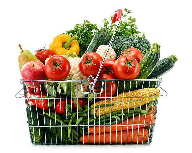 istock Wire shopping basket with groceries isolated on white 534805507