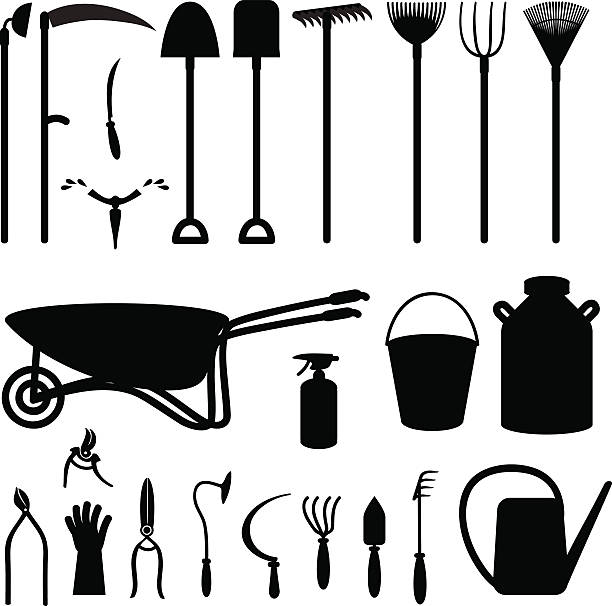 ilustrações, clipart, desenhos animados e ícones de a agricultura ferramentas - watering can shovel rake silhouette