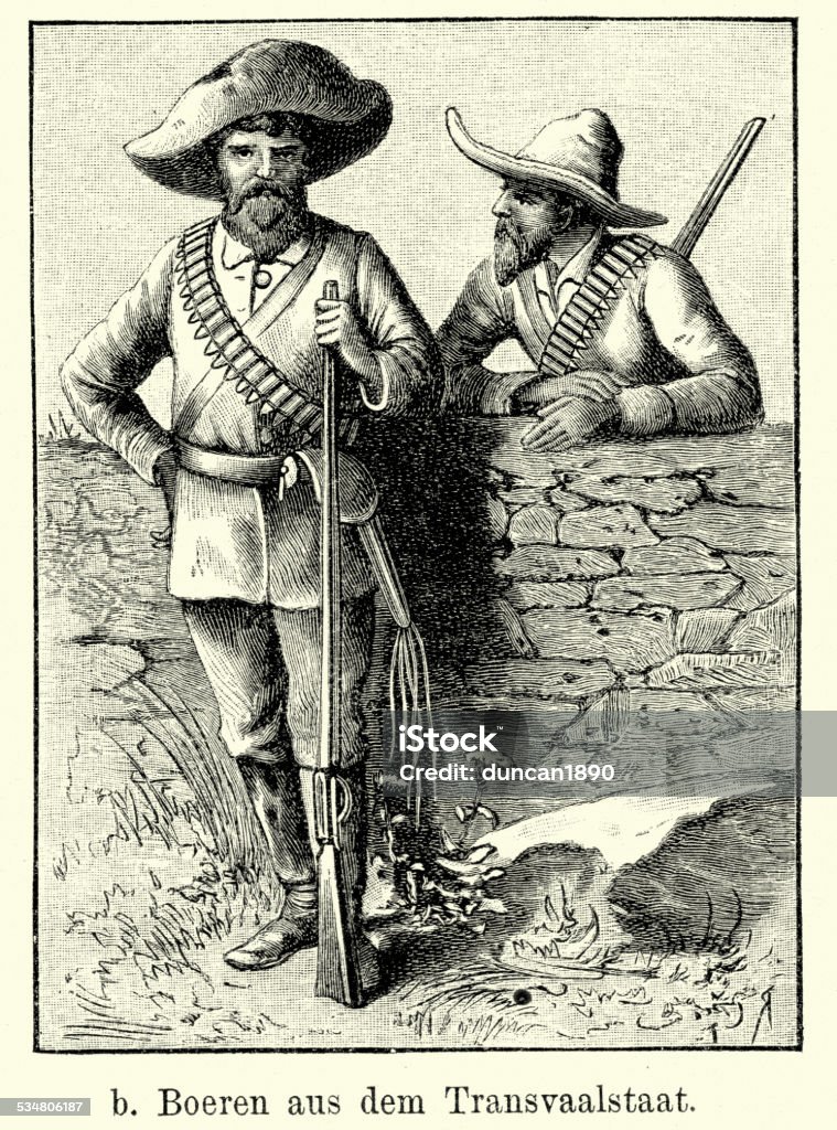 19th Century South Africa - Boers from the Transvaal Vintage engraving of Boers from the Transvaal. Boer is the Dutch and Afrikaans word for farmer, which came to denote the descendants of the Dutch-speaking settlers of the eastern Cape frontier in Southern Africa during the 18th century. The Boer commando was the basic unit of organisation of the militia of the Boer people of South Africa.  Ferdinand Hirts Geographische Bildertafeln,1886. 1880-1889 stock illustration