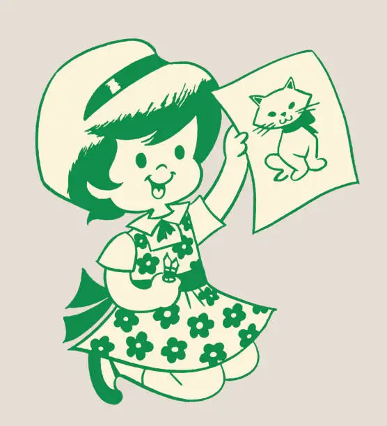 Vector illustration of Girl Holding Picture of Cat