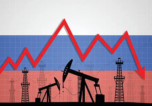 Vector illustration of Oil derricks over Russian flag