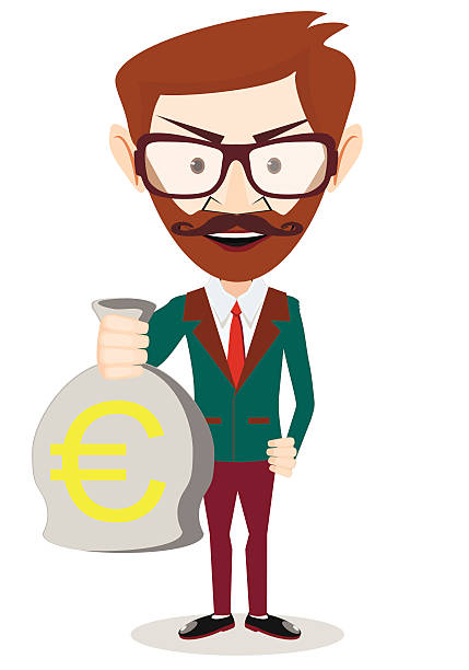 ilustraciones, imágenes clip art, dibujos animados e iconos de stock de exitoso ejecutivo o banquero con una bolsa de oro de efectivo - european union currency money bag euro symbol sack