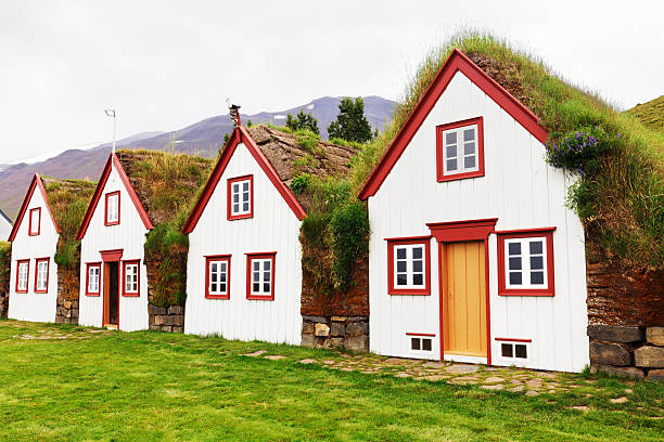 stary architektura typowe domy wiejskie murawie, islandia, laufas - turf house zdjęcia i obrazy z banku zdjęć