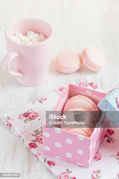 Pink Macaroons In Gift Box Pastel Colored Stock Photo - Download Image Now - 2015, Baked Pastry Item, Beige