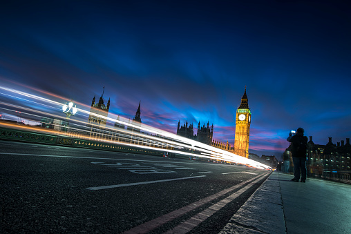 Taking photo's of Westminster and the Big Ben in London during sunset as seen from Westminster Bridge.