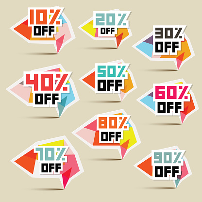 Vector 10% off, 20% off, 30% off, 40% off, 50% off, 60% off, 70% off, 80% off, 90% off, Stickers, Labels 