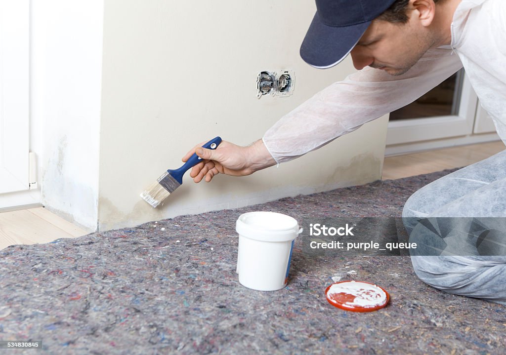 Painters edited damp walls Painter paints damp walls in an apartment with a special color Fungal Mold Stock Photo