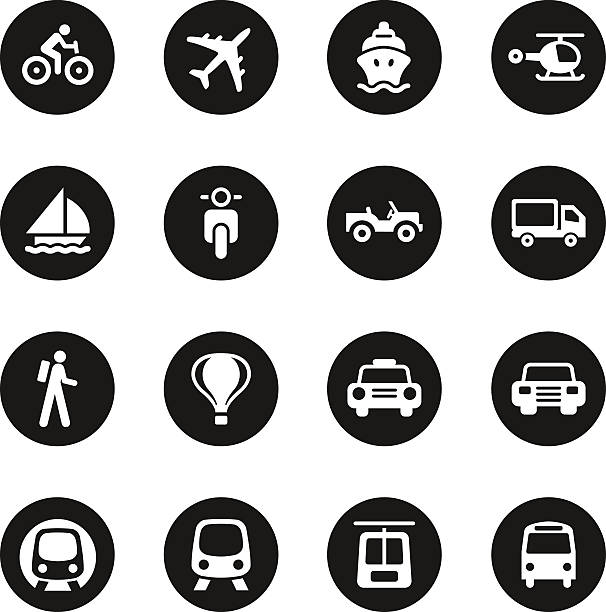 ilustrações, clipart, desenhos animados e ícones de transporte conjunto de ícones de um círculo preto series - train people cable car transportation