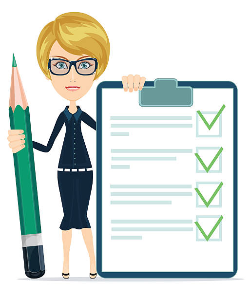 illustrations, cliparts, dessins animés et icônes de femme d'affaires tenant un papier ou enseignant avec drapeaux et vert - success check mark checklist questionnaire