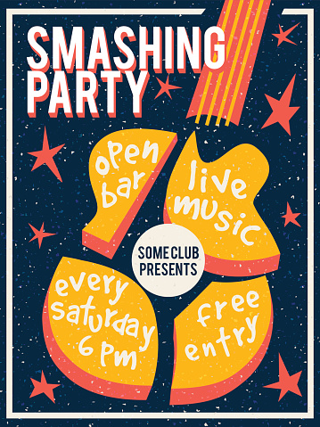 Concert poster or flyer template featuring smashed guitar and stars. Retro syle