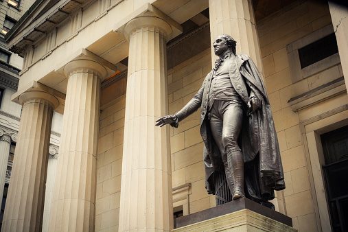 Statue of George Washington outside Federal Hall in Manhattan in New York City.