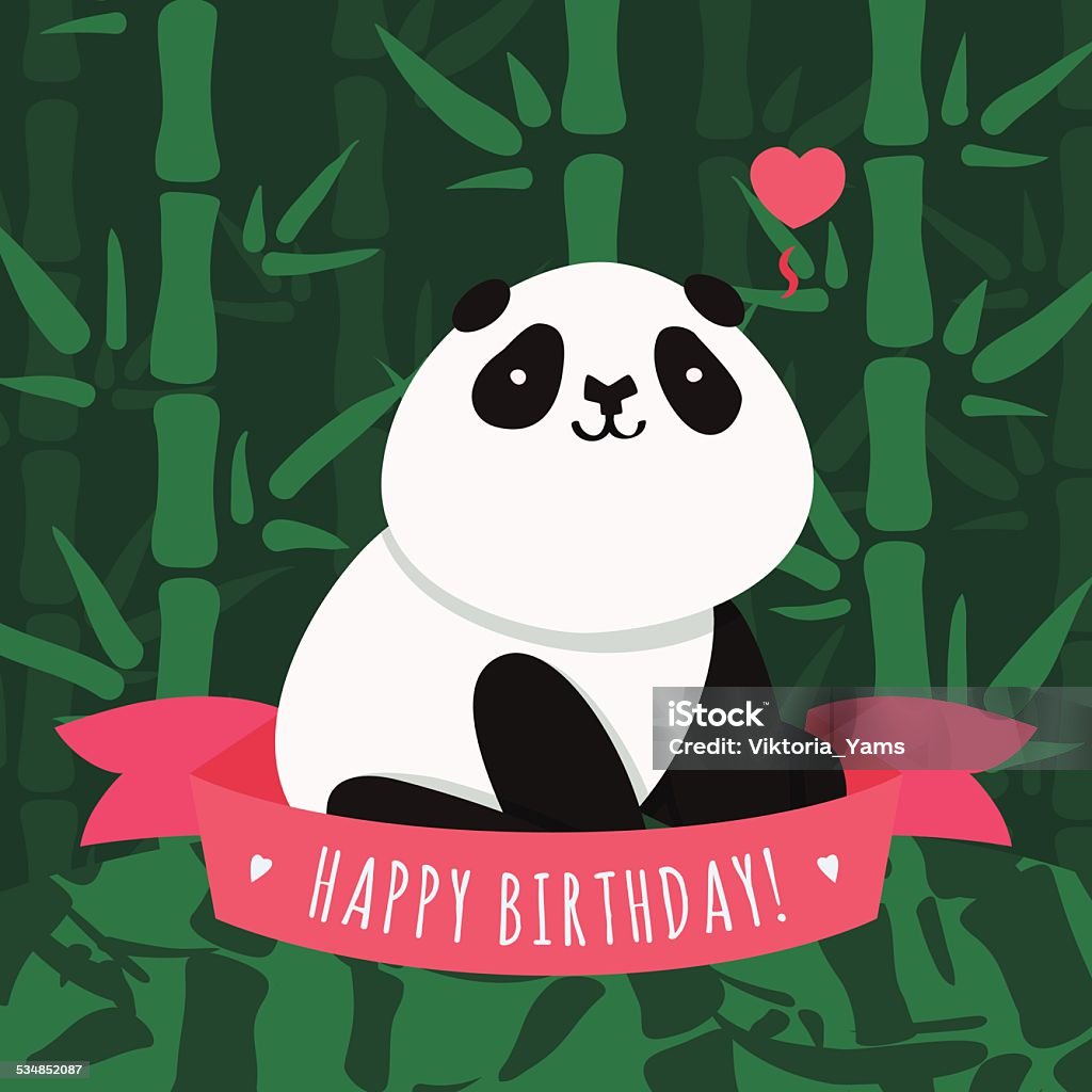 Vector Happy Birthday card and background with cartoon cute panda Vector Happy Birthday card and background with cartoon cute panda, green bamboo, heart and pink ribbon 2015 stock vector