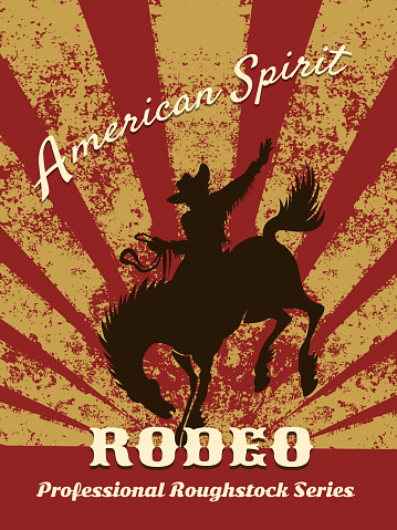Grunge background, cowboy riding wild horse. Vector illustration. Advertisement rodeo poster