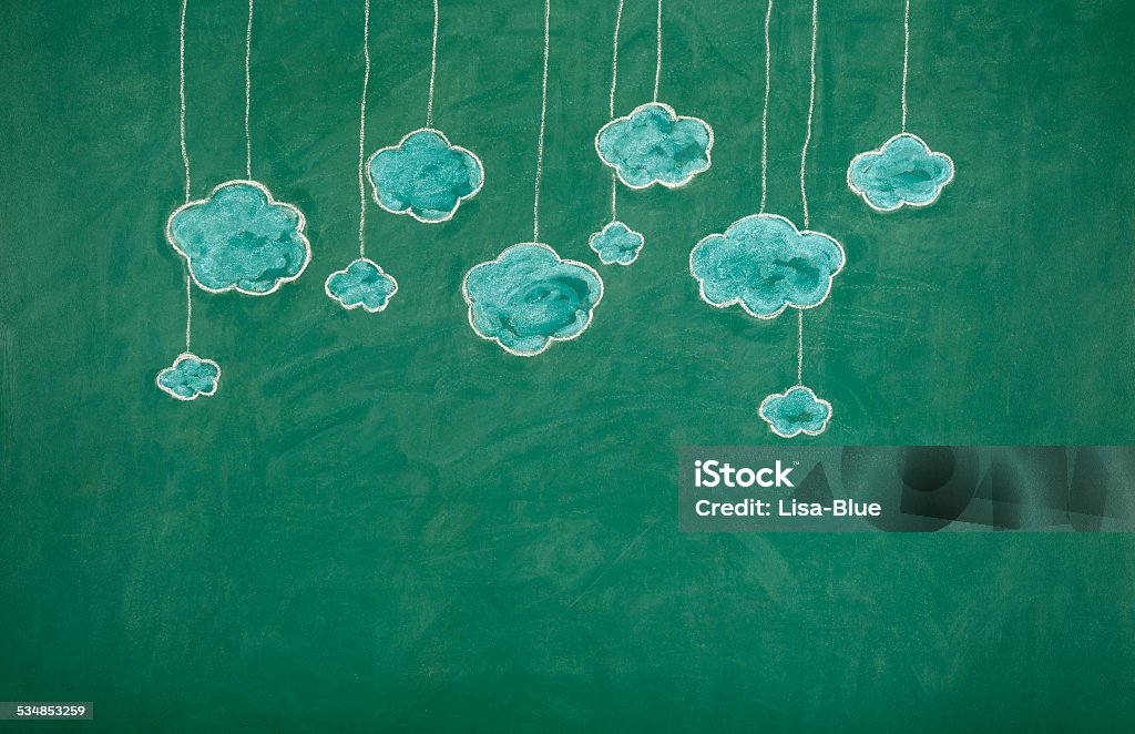 Clouds on Blackboard  The chalkboard drawing - cloud computing concept - shows multiple blue clouds on a green background. There are ten blue clouds of various sizes dangling from white strings attached to the top of the illustration. The green background looks like a sky.  Avatar Stock Photo