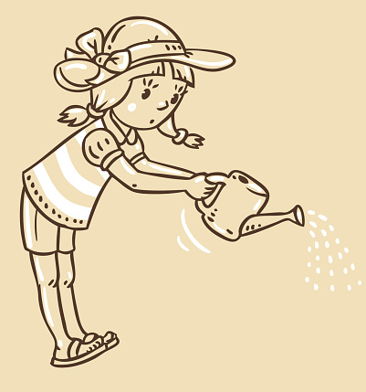 Children vector illustration in vintage colors of girl watering the flowers