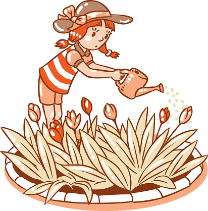 Children vector illustration in vintage colors of girl watering the flowers in the flowerbed
