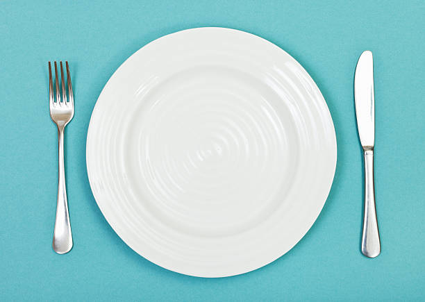 istock top view of white plate, fork, knife on green 534865647