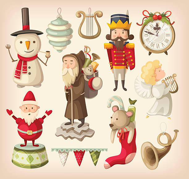 коллекция ретро рождественских игрушек - candy cane christmas holiday old fashioned stock illustrations