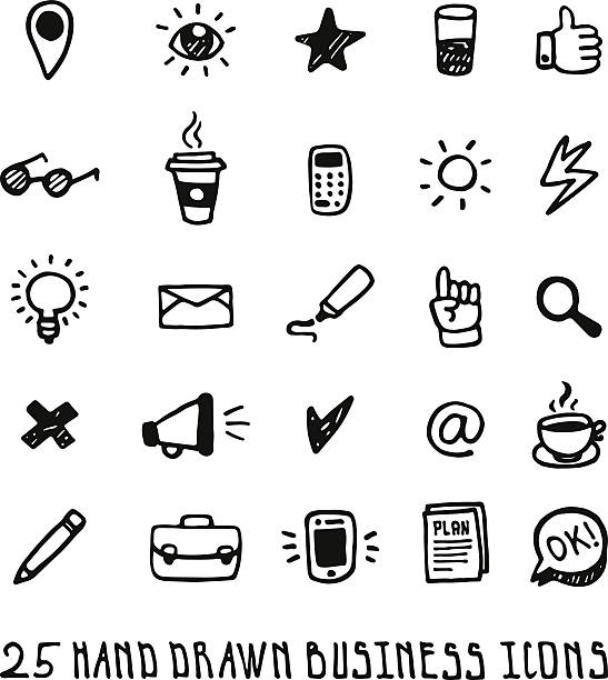 Doodle hand drawn business icons vector set Black doodle hand drawn business icons vector set megaphone drawings stock illustrations