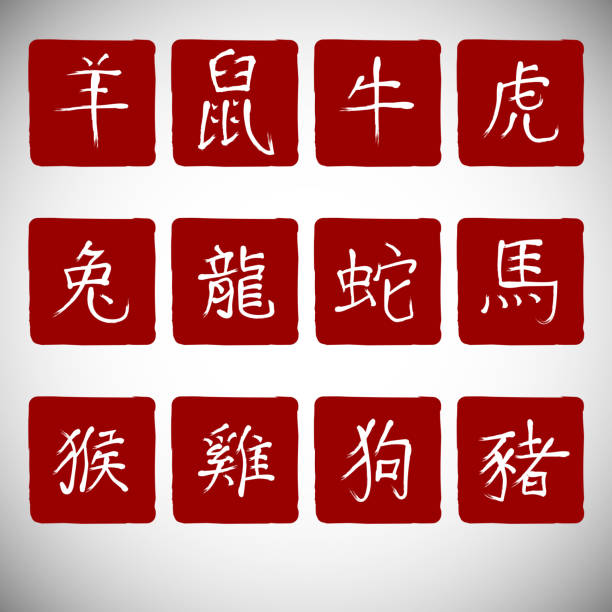 별자리 기호들 캘리그래피 빨간색 배경. - snake chinese new year chinese zodiac sign china stock illustrations