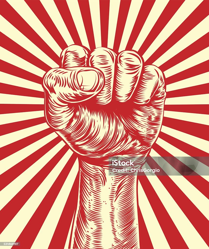 Revolution fist propaganda poster An original illustration of a revolutionary fist held in the air in a vintage wood cut propaganda style Propaganda stock vector