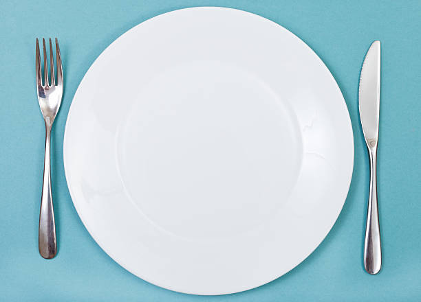 istock top view of porcelain plate, fork, knife on green 534868837